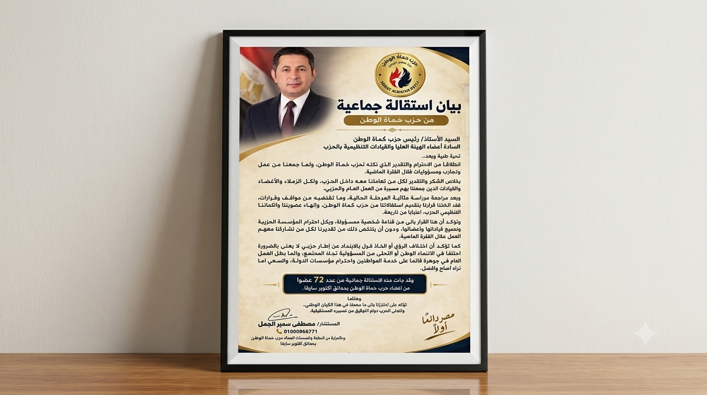 بيان استقالة من حزب حماة الوطن