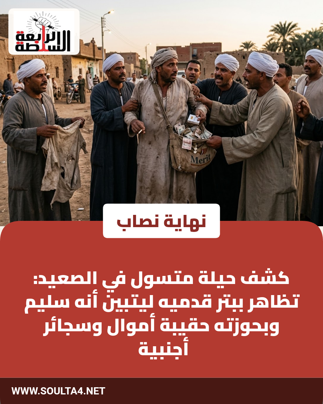 كشف حيلة متسول في الصعيد: تظاهر ببتر قدميه ليتبين أنه سليم وبحوزته حقيبة أموال وسجائر أجنبية