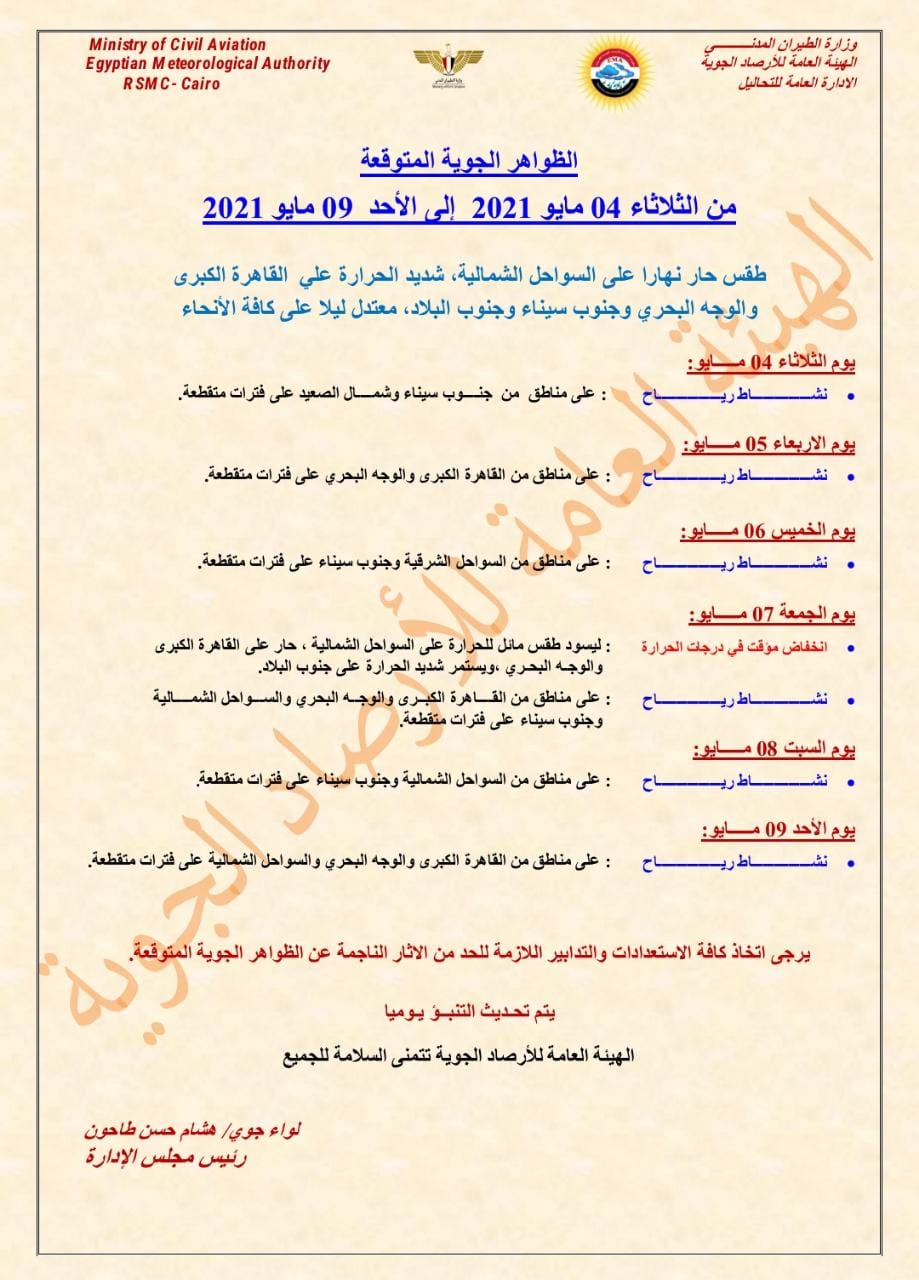 هيئة الأرصاد الجوية تنصح بعدم ترك اى مواد قابله للاشتعال بالسيارات وارتداء ملابس قطنية وتناول السوائل
