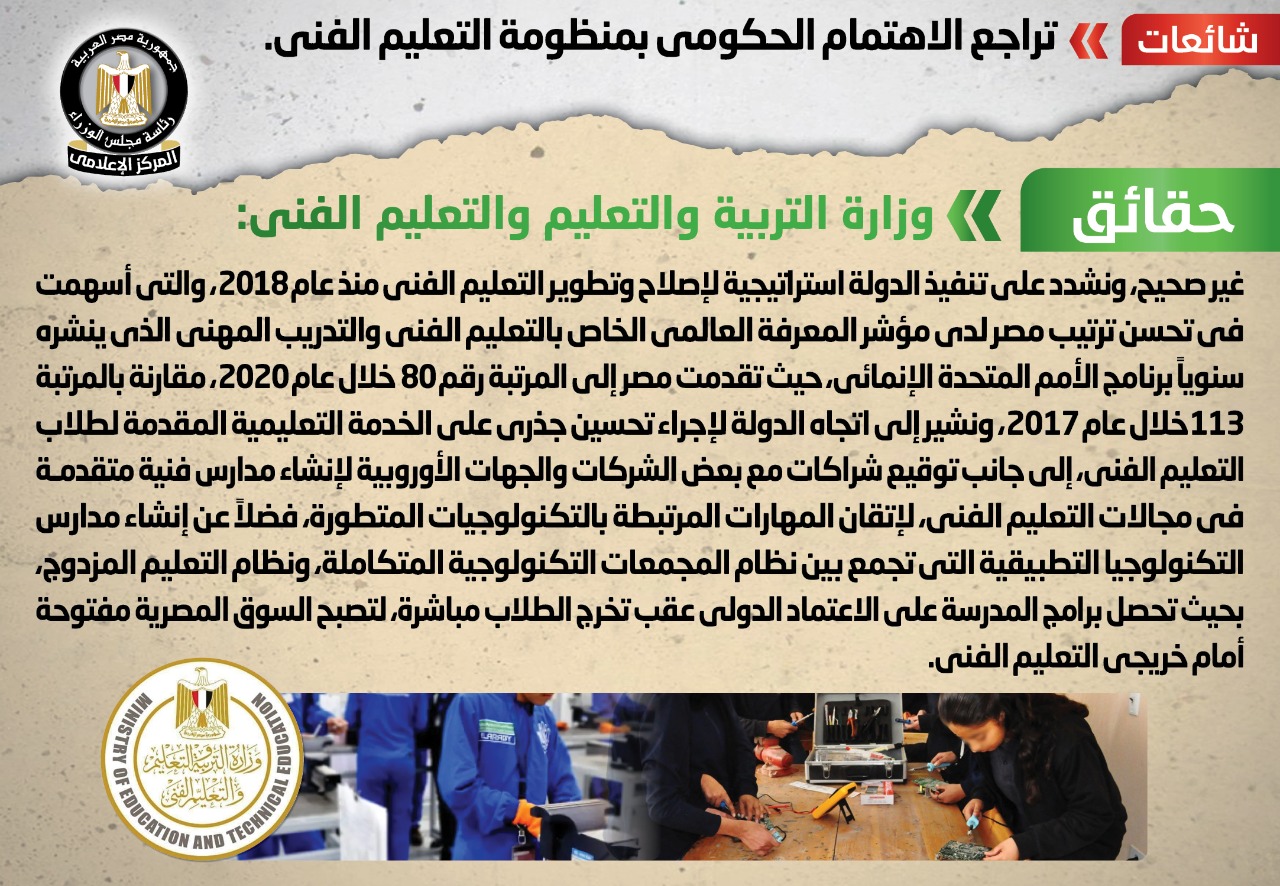 مجلس الوزراء ينفى تراجع الاهتمام الحكومى بمنظومة التعليم الفنى