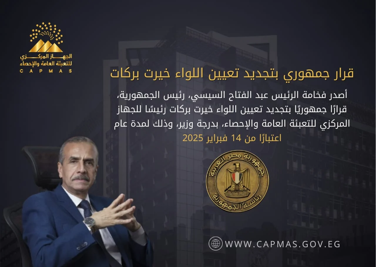 قرار جمهورى بالتجديد للواء خيرت بركات رئيسا للجهاز المركزى للتعبئة العامة والإحصاء