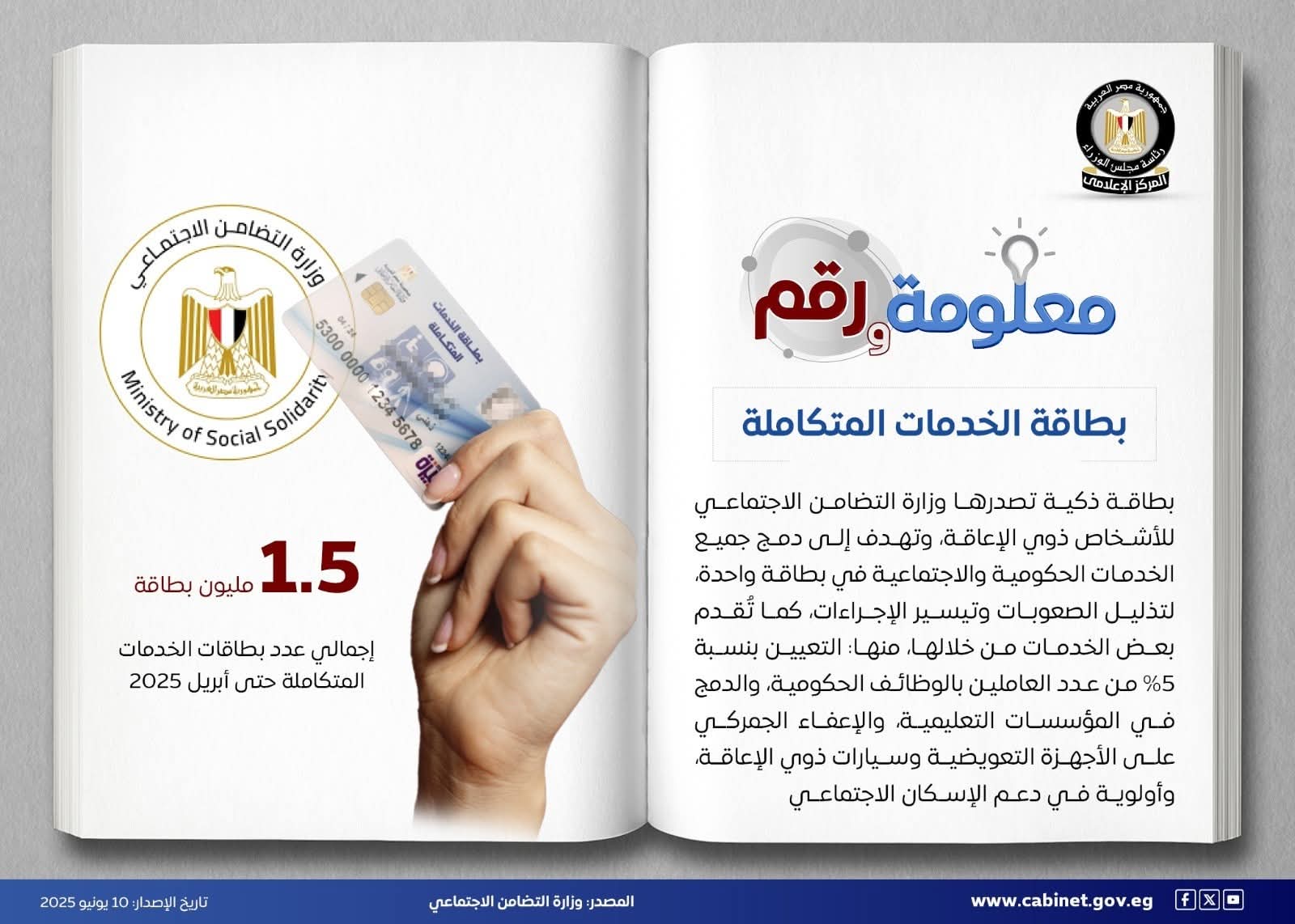 وزارة التضامن الاجتماعي إصدار بطاقة الخدمات المتكاملة للأشخاص ذوي الإعاقة ؛لضمان حقوقهم القانونية