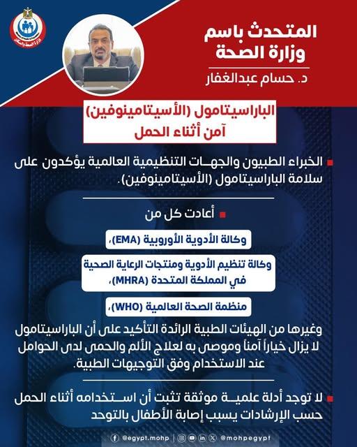 «الصحة» ترد على تصريحات تسبب الباراسيتامول في إصابة الأطفال بالتوحد