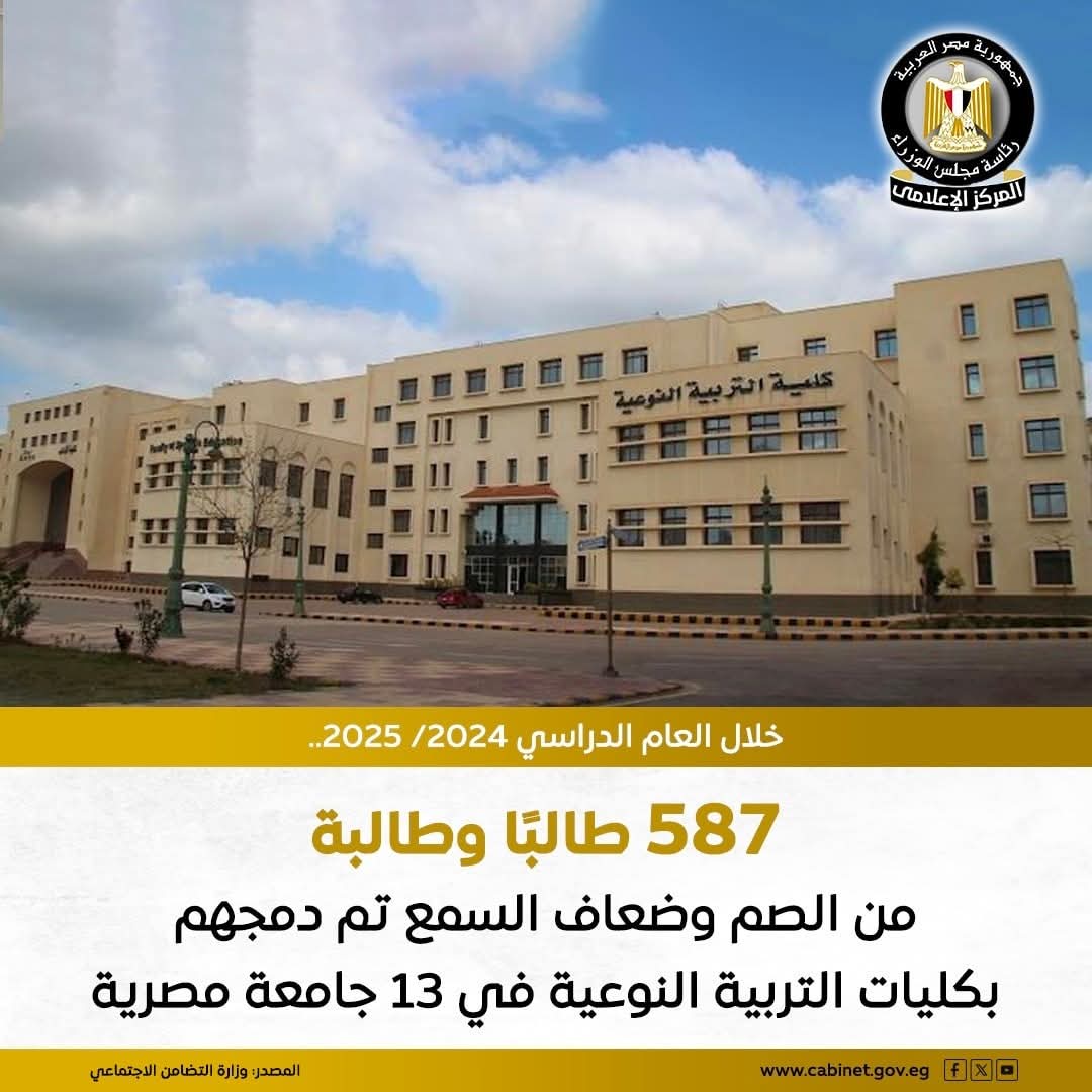 التضامن : دمج 587 طالبًا وطالبة من الصم وضعاف السمع بكليات التربية النوعية في 13 جامعة مصرية