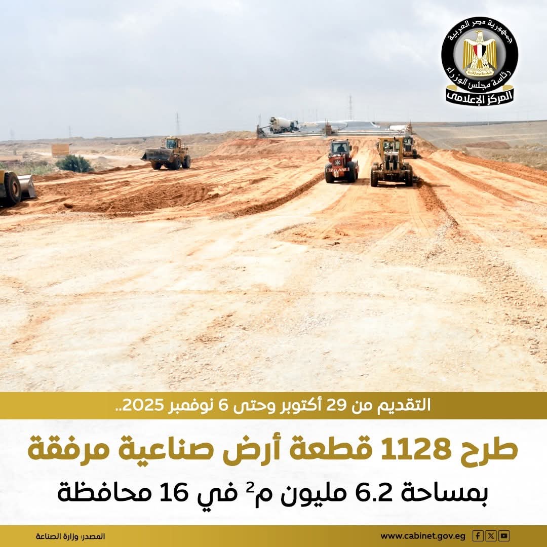 طرح 1128 قطعه أرض صناعيه مرفقه بمساحة 6.2 م في 16 محافظة