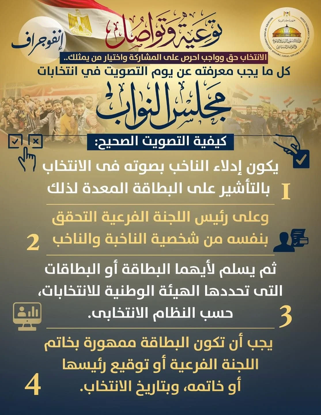 وزارة الشؤون القانونية تشرح لك خطوة بخطوة كيفيه الإدلاء بصوتك فى الانتخابات البرلمانيه