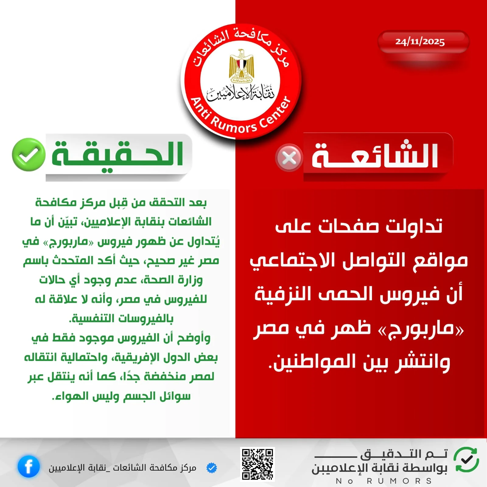 مركز مكافحة الشائعات بالإعلاميين ينفى ظهور فيروس الحمى النزفية فى مصر