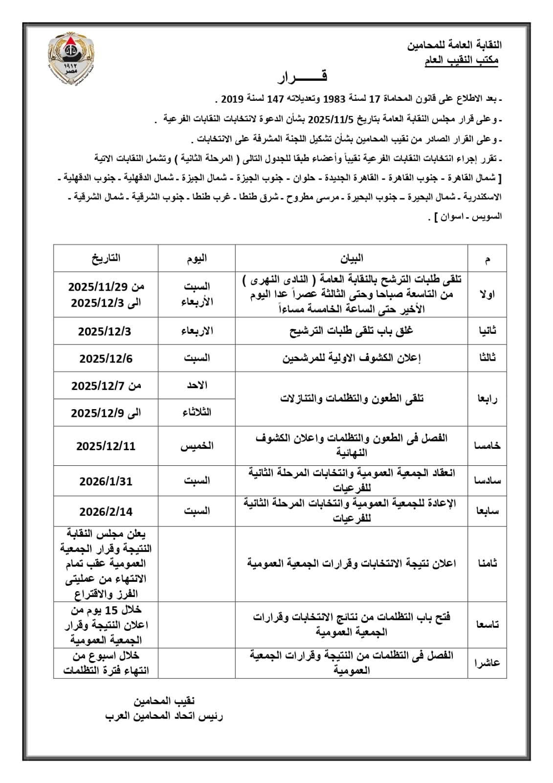 النقابة العامة للمحامين تعلن جدول انتخابات النقابات الفرعية على مرحلتين