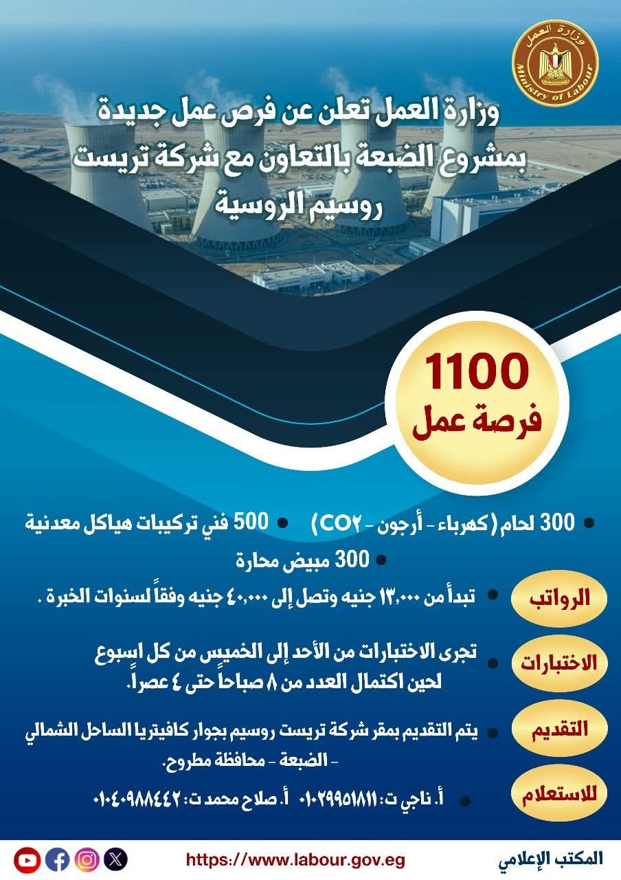 وزارة العمل: 1100 فرصة عمل جديدة بمشروع الضبعة بالتعاون مع شركة "تريست روسيم"