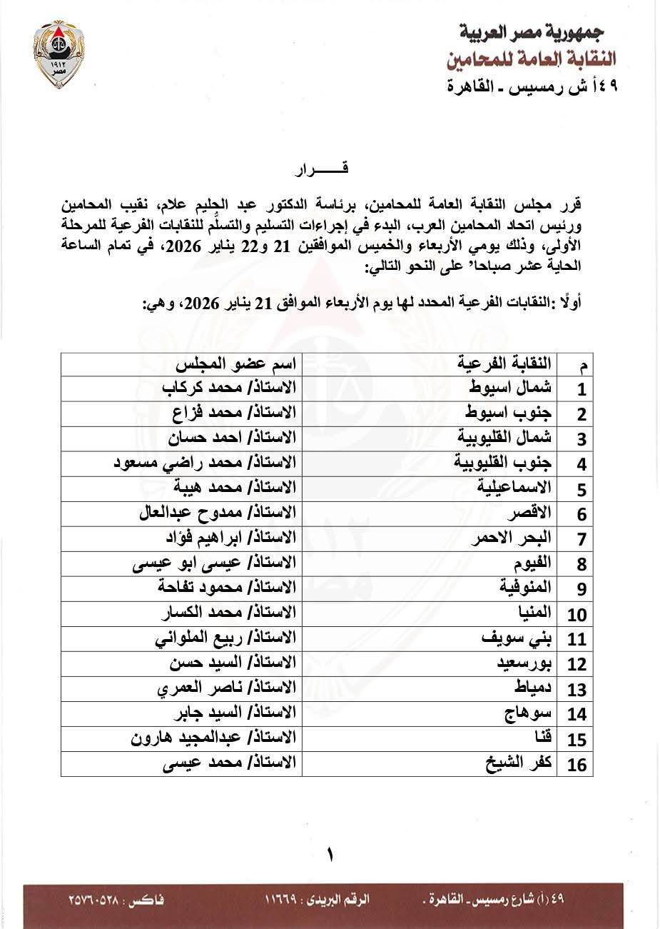 نقيب المحامين يصدر قرارًا بتنظيم إجراءات تسليم وتسلم النقابات الفرعية