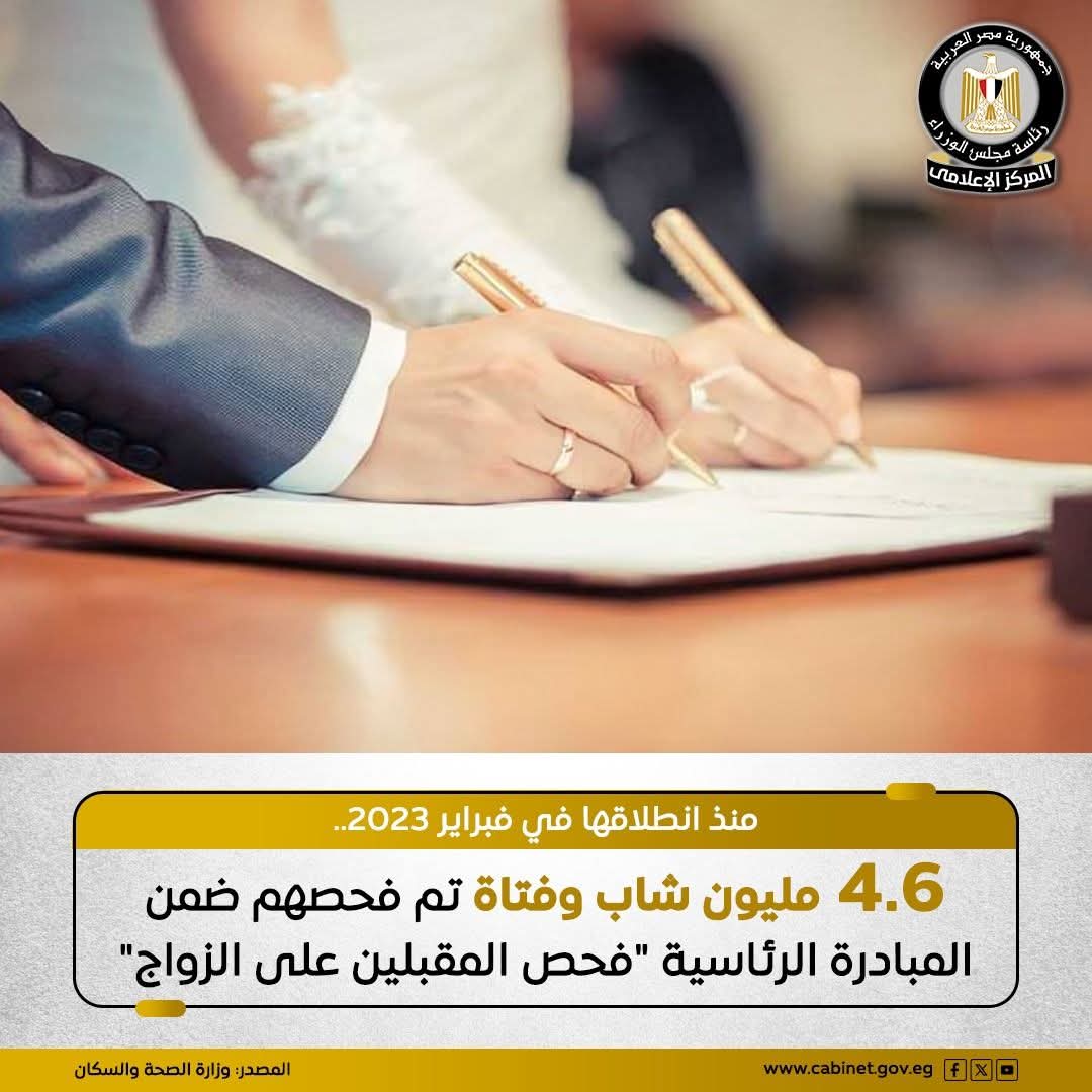  وزارة الصحة تُعلن فحص 4.6 مليون شاب وفتاة ضمن مبادرة "100 مليون صحة" لفحص المقبلين على الزواج