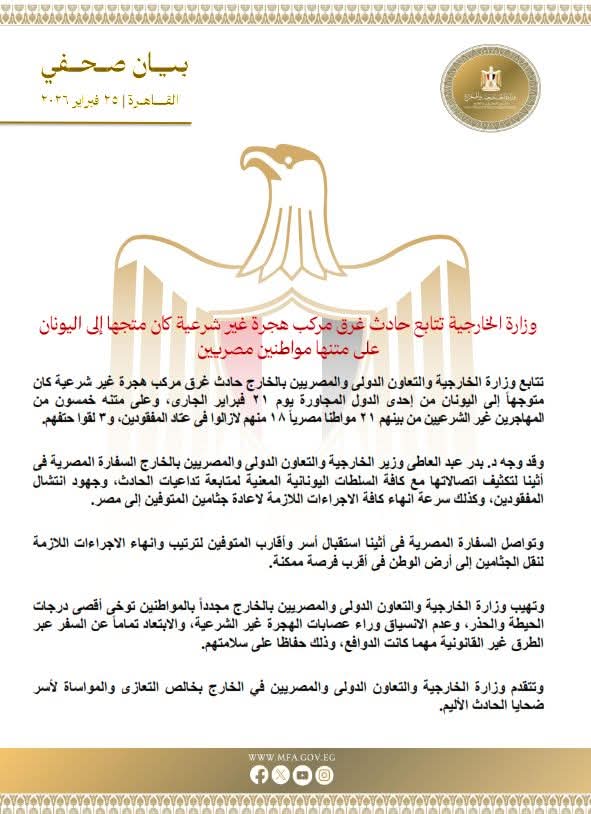  مصرع 3 مصريين وفقدان 18 آخرين في غرق مركب هجرة غير شرعية باليونان