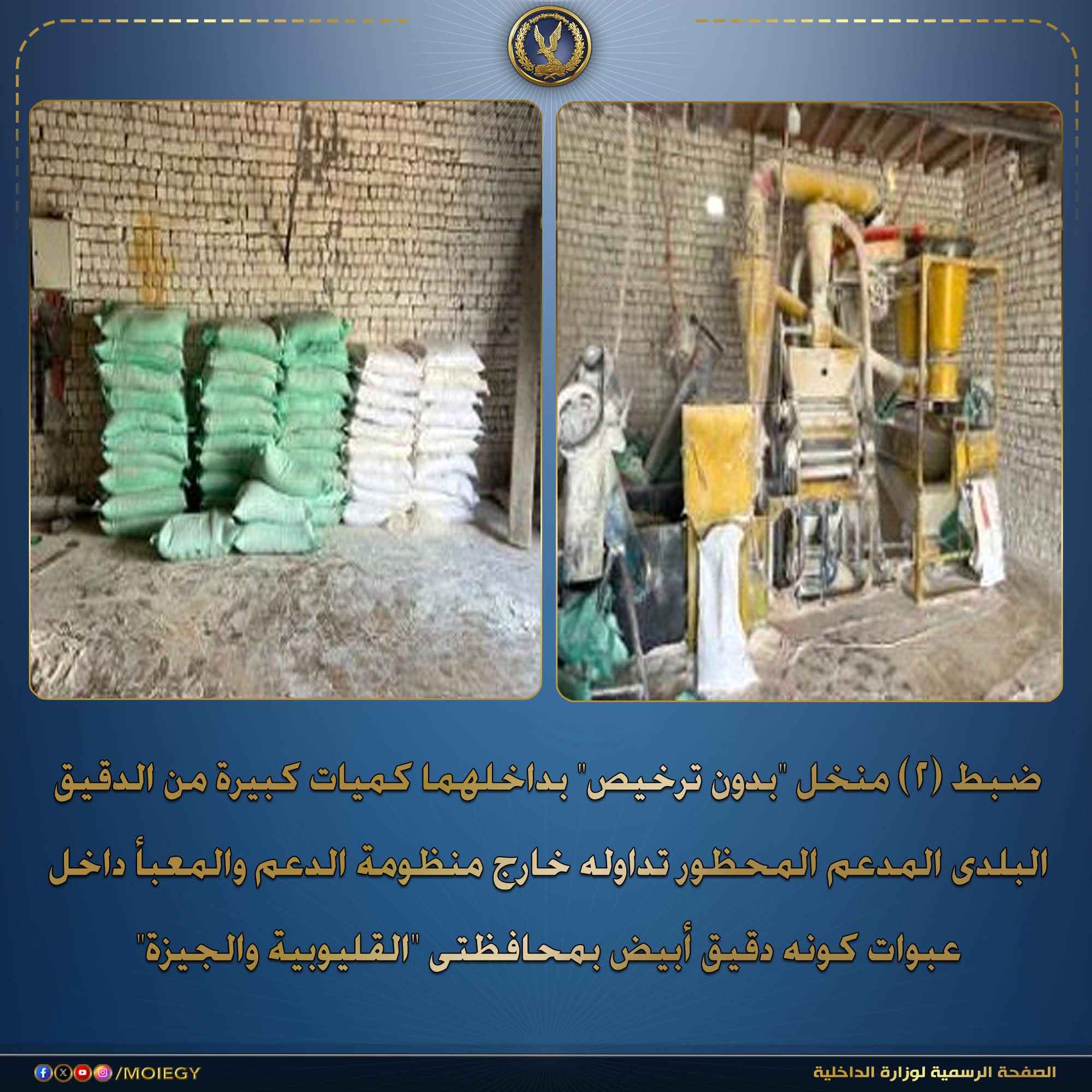 ضبط مصنعين مخالفين لإعادة تعبئة الدقيق المدعم بالقليوبية والجيزة