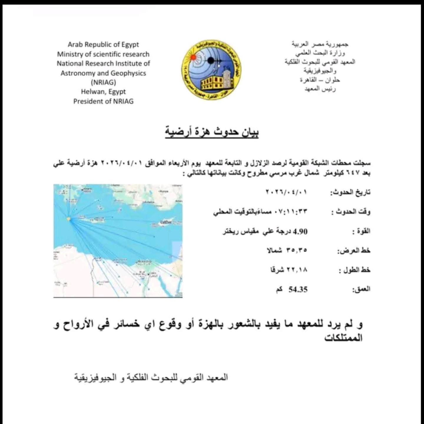 زلزال بقوة 4.9 ريختر شمال غرب مرسى مطروح.. لا خسائر حتى الآن