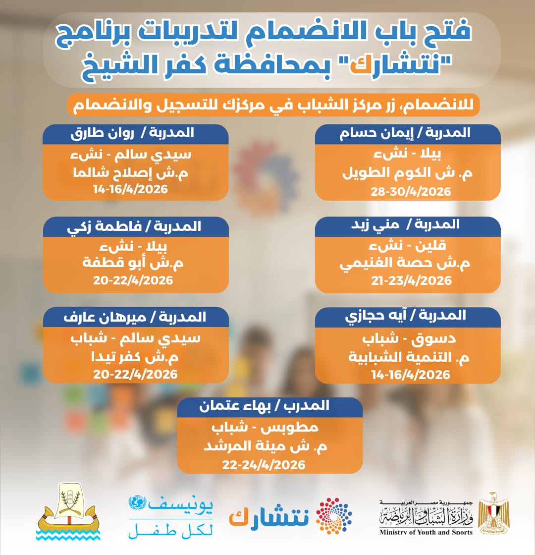 شباب كفر الشيخ تعلن الجدول الزمني لورش تدريب «نتشارك» .. بادر بالمشاركة