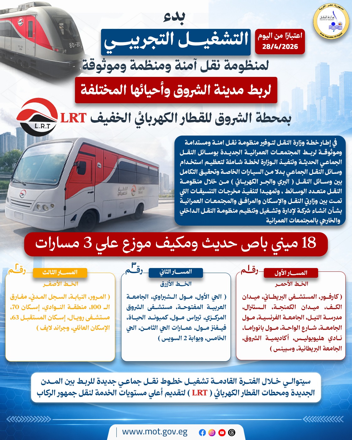 وزارة النقل تطلق التشغيل التجريبي لربط أحياء الشروق بمحطة القطار الكهربائي الخفيف LRT